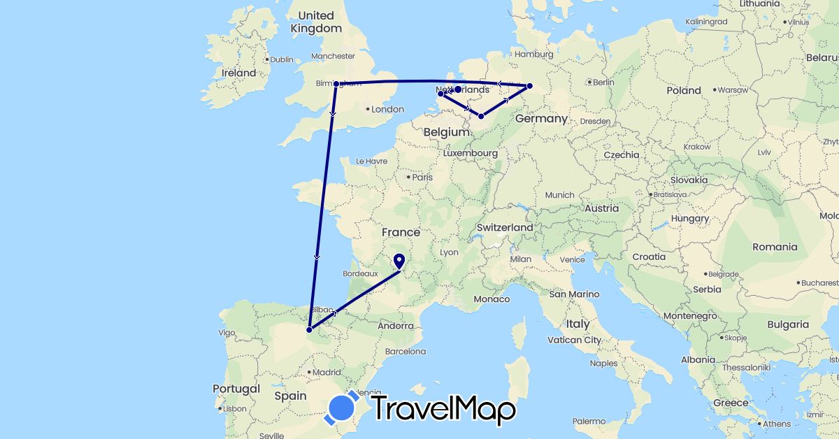 TravelMap itinerary: driving in Germany, Spain, France, United Kingdom, Netherlands (Europe)